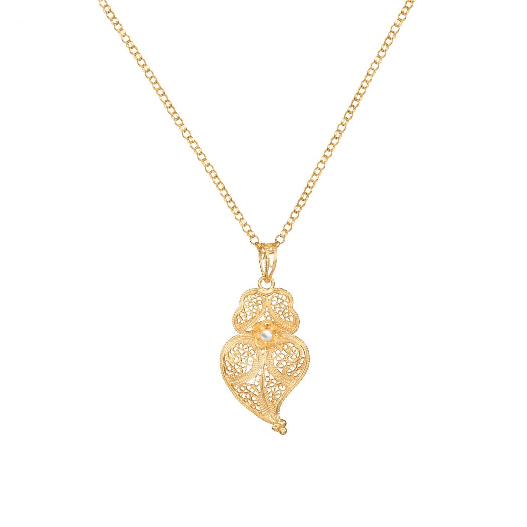 Collier Coeur de Viana 3,5 cm en Argent Plaqué Or et Perle