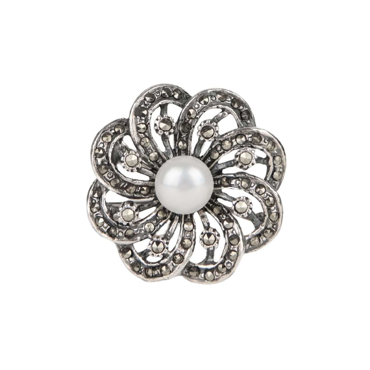 Broche Fleur Marcassites en Argent avec Perle 