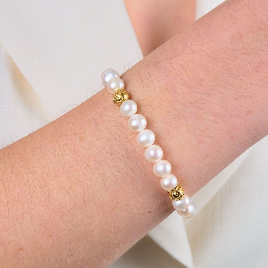 Pulsera Cuatro Contas de Viana de Plata Bañada en Oro con Perlas