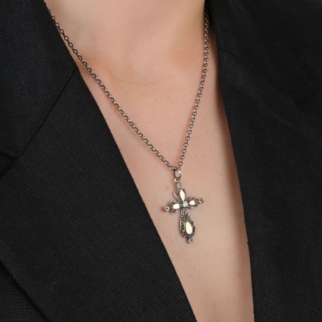 Necklace Cross Marcasites in Silver and Gold 