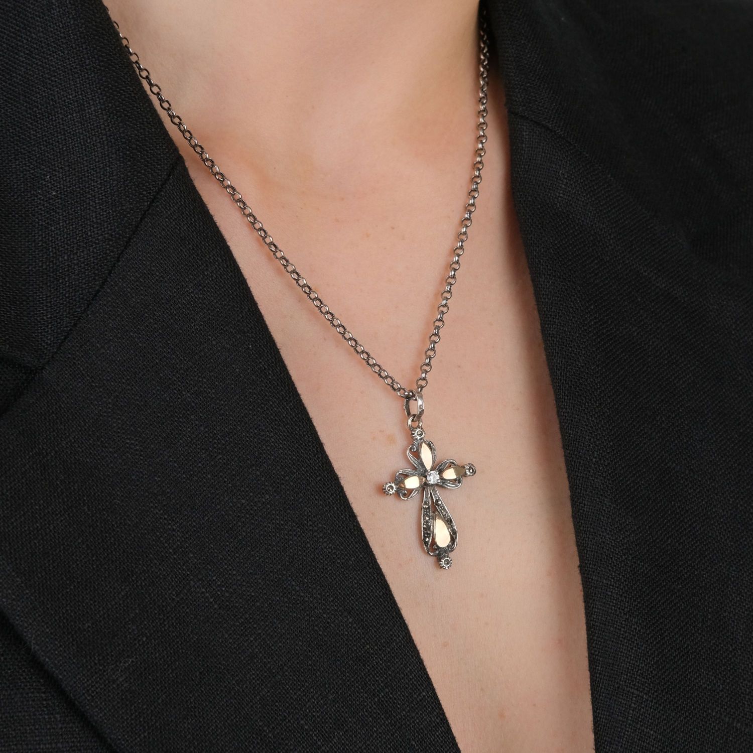 Necklace Cross Marcasites in Silver and Gold Necklace Cross Marcasites in Silver and Gold