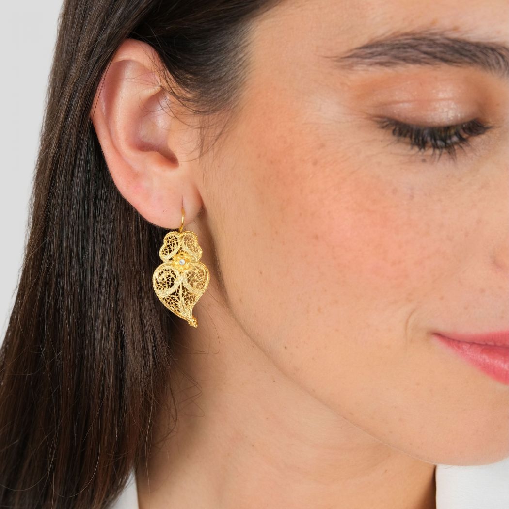 Earrings Heart of Viana 3,5cm in Gold Plated Silver with Pearl 
