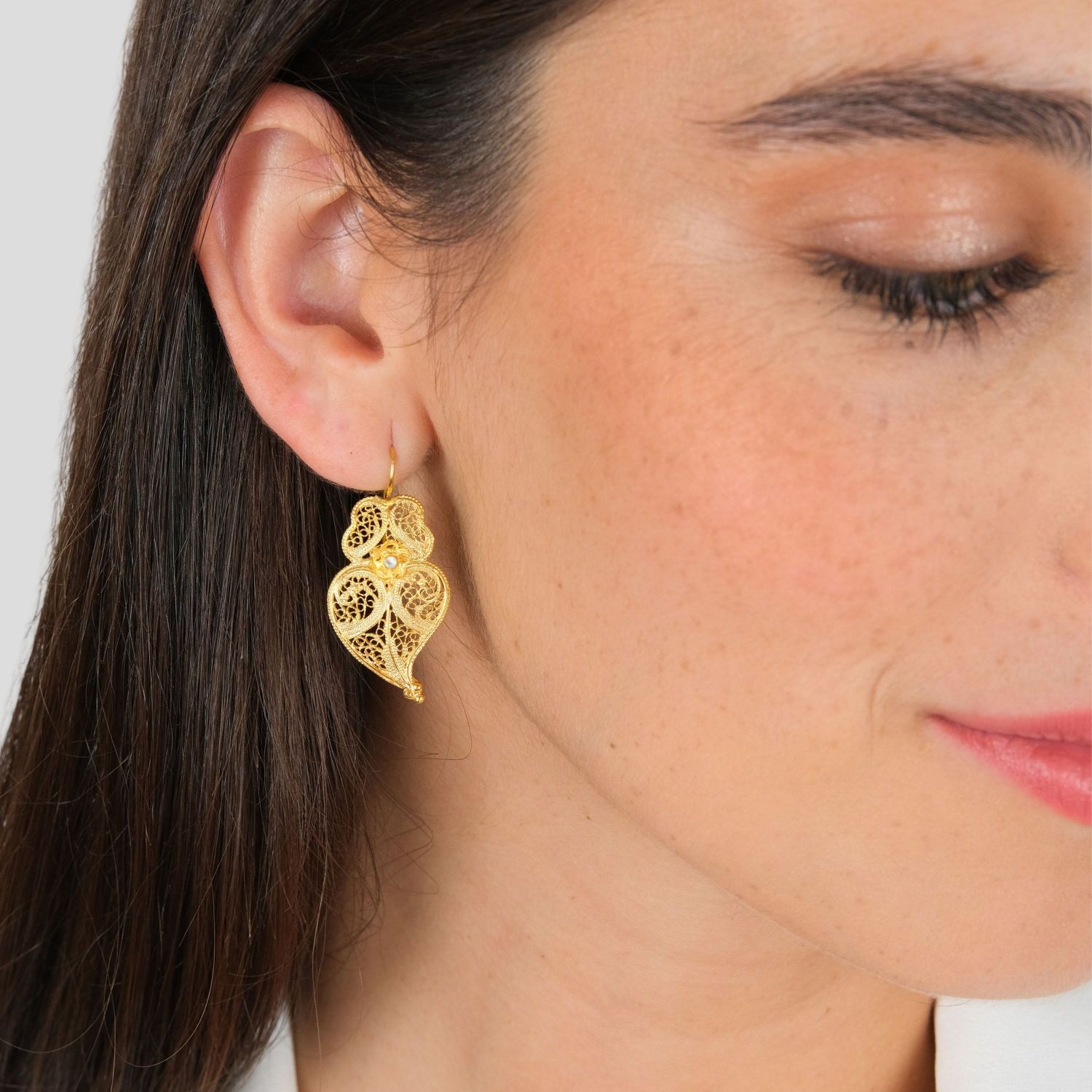 Earrings Heart of Viana 3,5cm in Gold Plated Silver with Pearl Earrings Heart of Viana 3,5cm in Gold Plated Silver with Pearl
