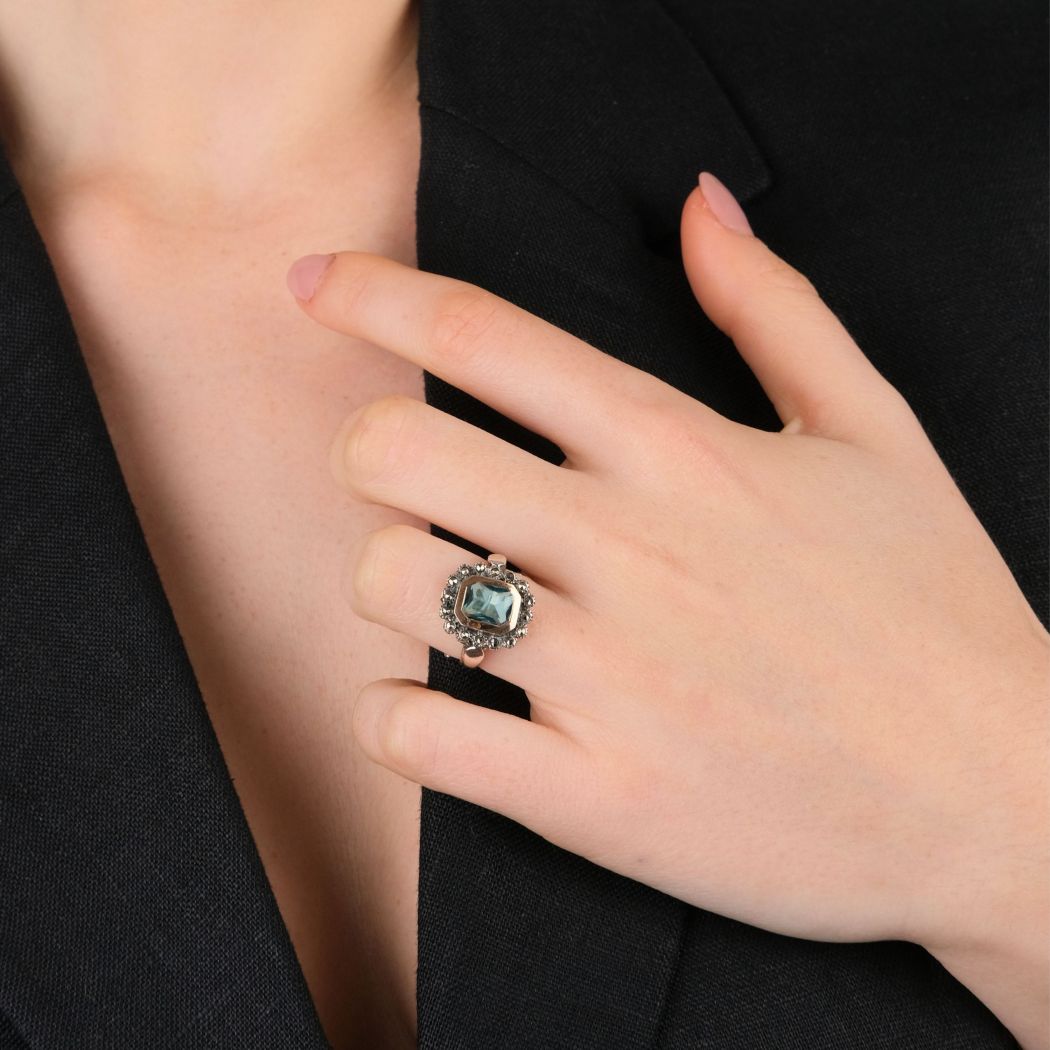 Ring Blue Marcasites XL in Silver and Gold 
