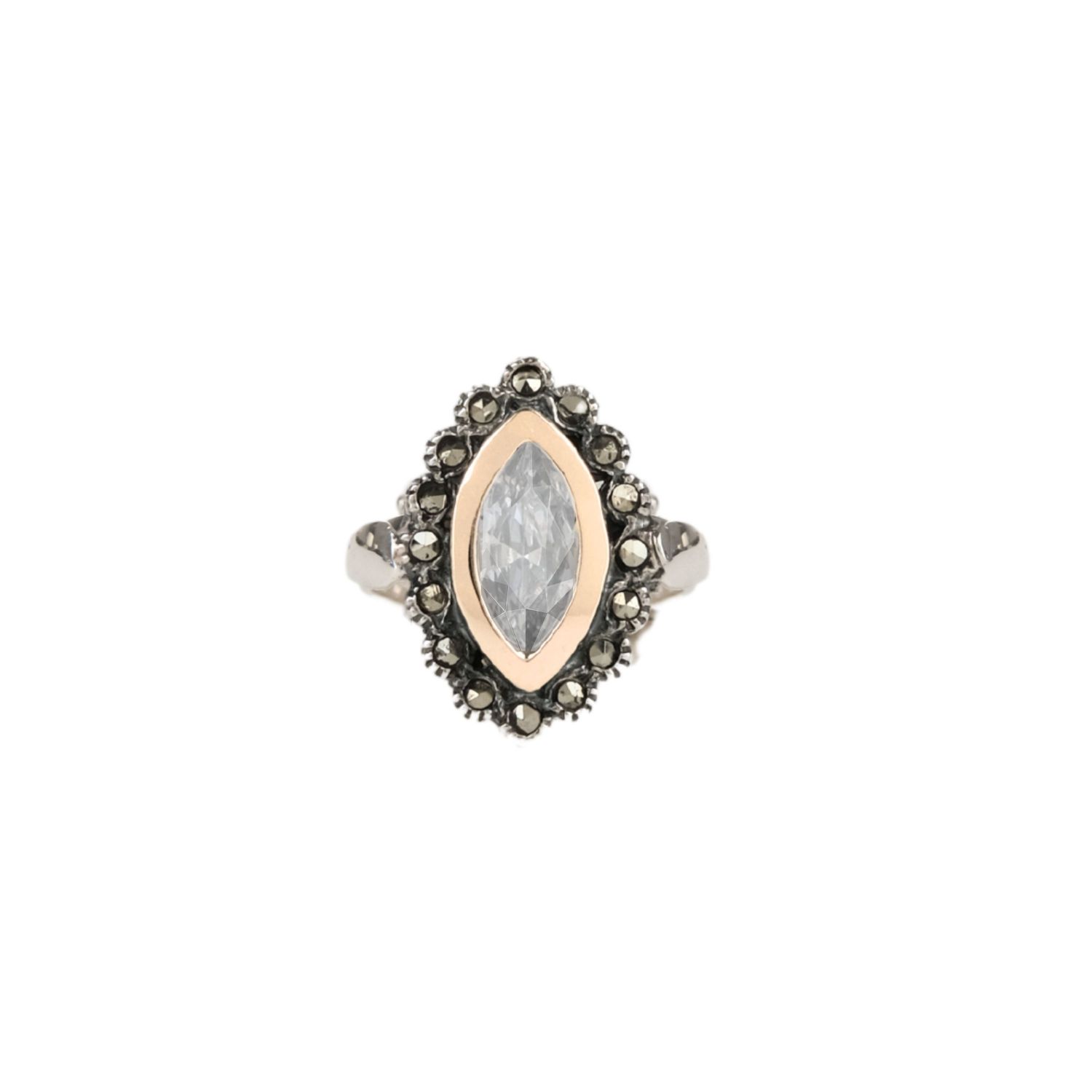 Ring Navette with Marcasites in Silver and Gold Ring Navette with Marcasites in Silver and Gold