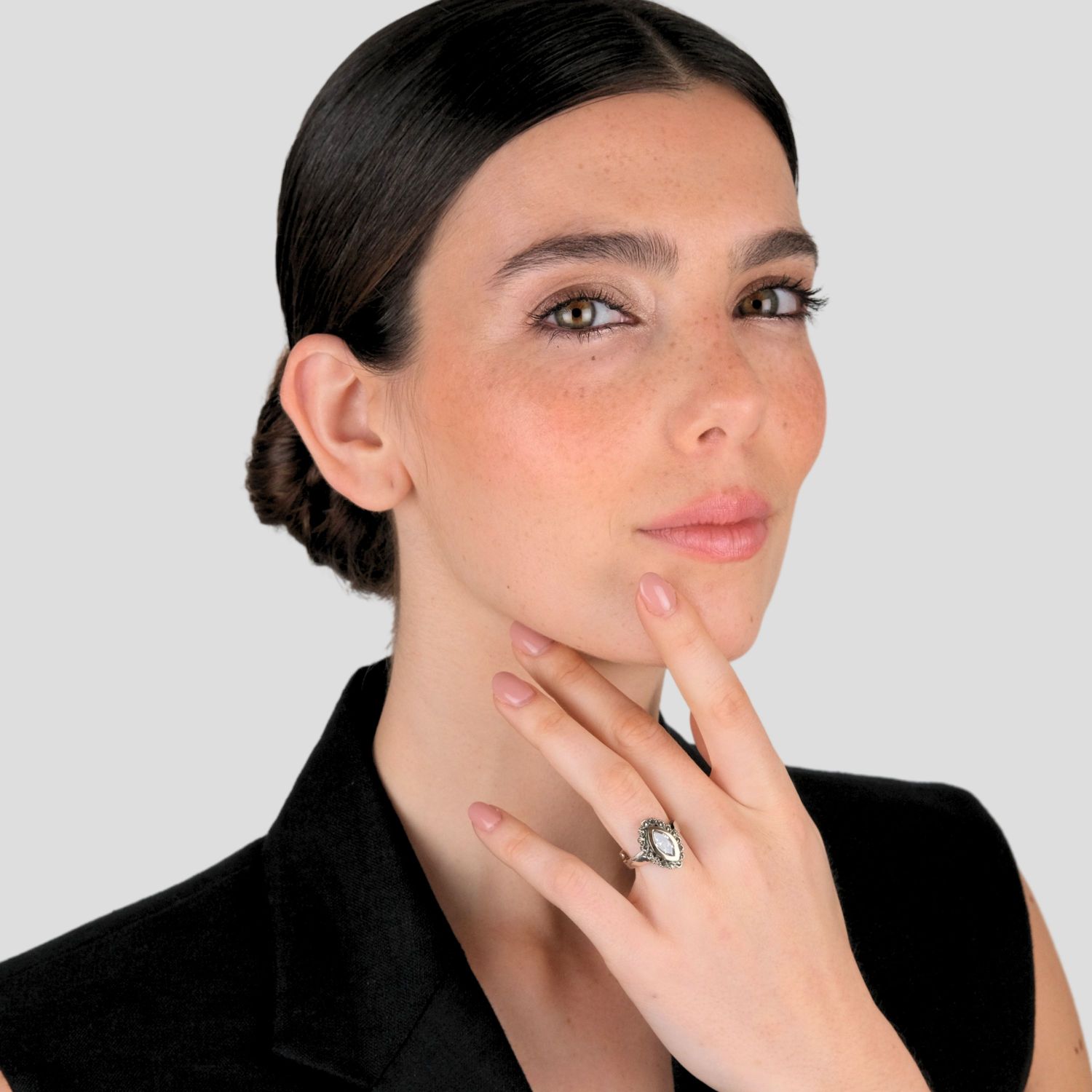 Bague Navette avec Marcassites en Argent et Or 