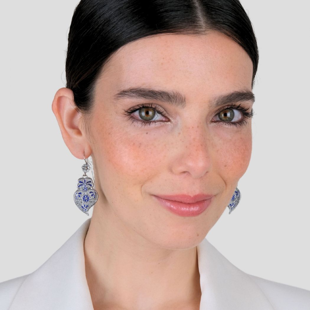 Boucles d’Oreilles Cœur de Viana Bleu Royal en Argent 
