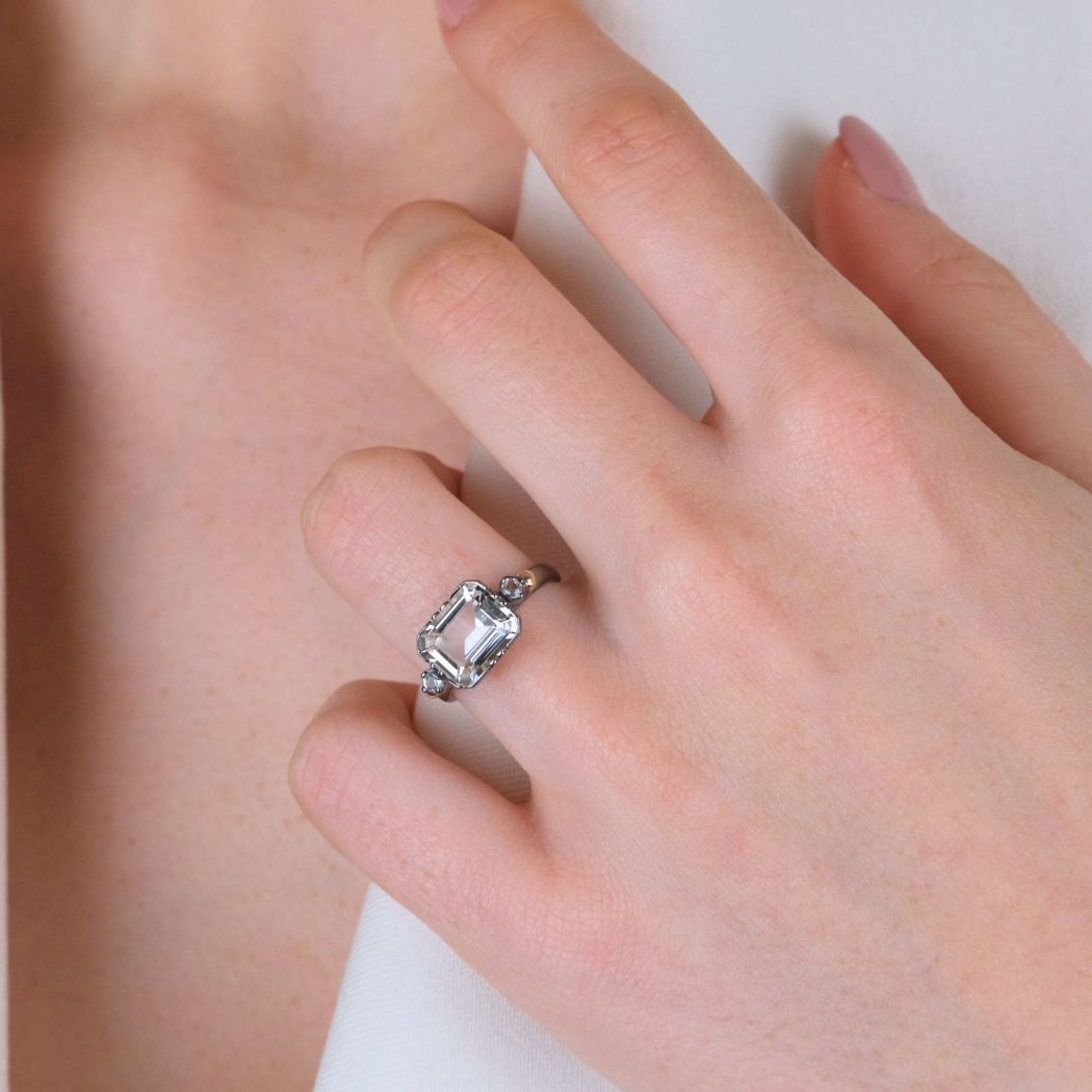 Ring Solitaire Rectangular Rock Crystal in Silver and Gold 