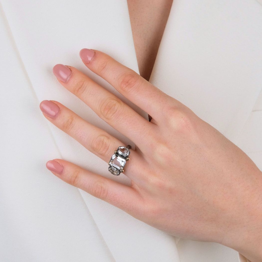 Ring Trio Rectangular Rock Crystal in Silver and Gold 