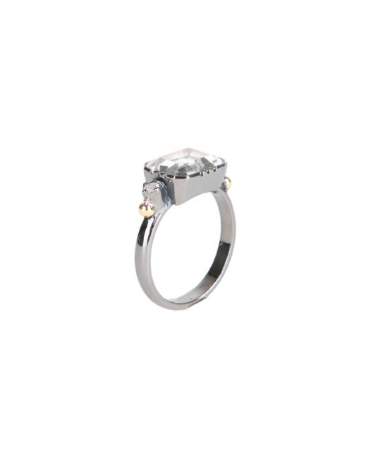 Anillo Solitario Rectangular Cristal de Roca de Plata y Oro 