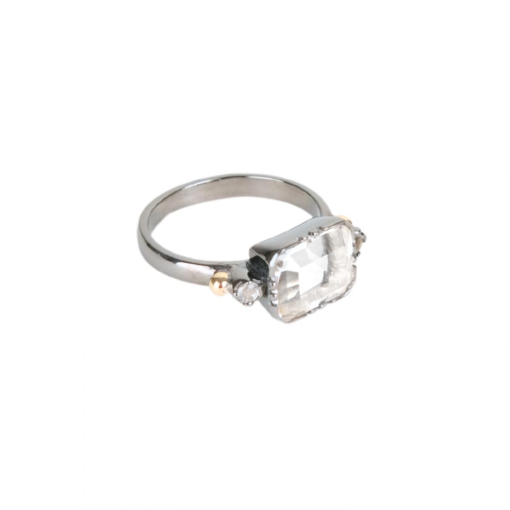 Ring Solitaire Rectangular Rock Crystal in Silver and Gold 