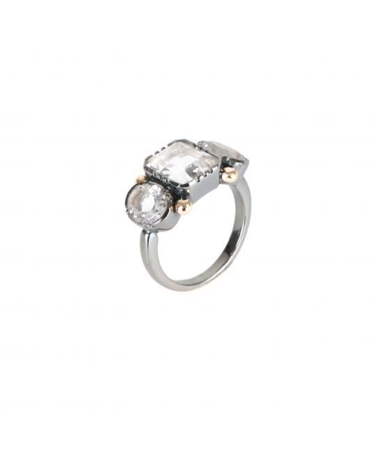 Ring Trio Rectangular Rock Crystal in Silver and Gold 
