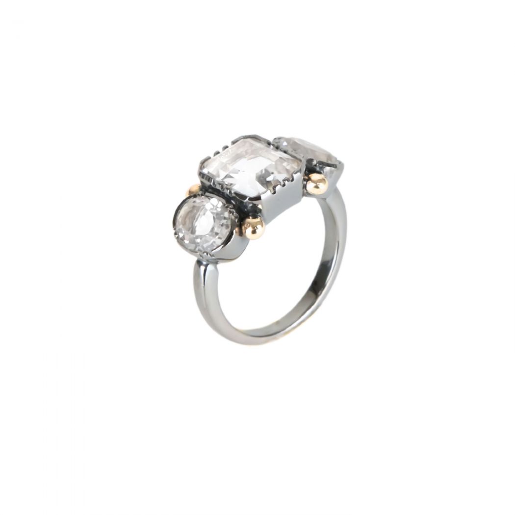 Ring Trio Rectangular Rock Crystal in Silver and Gold 
