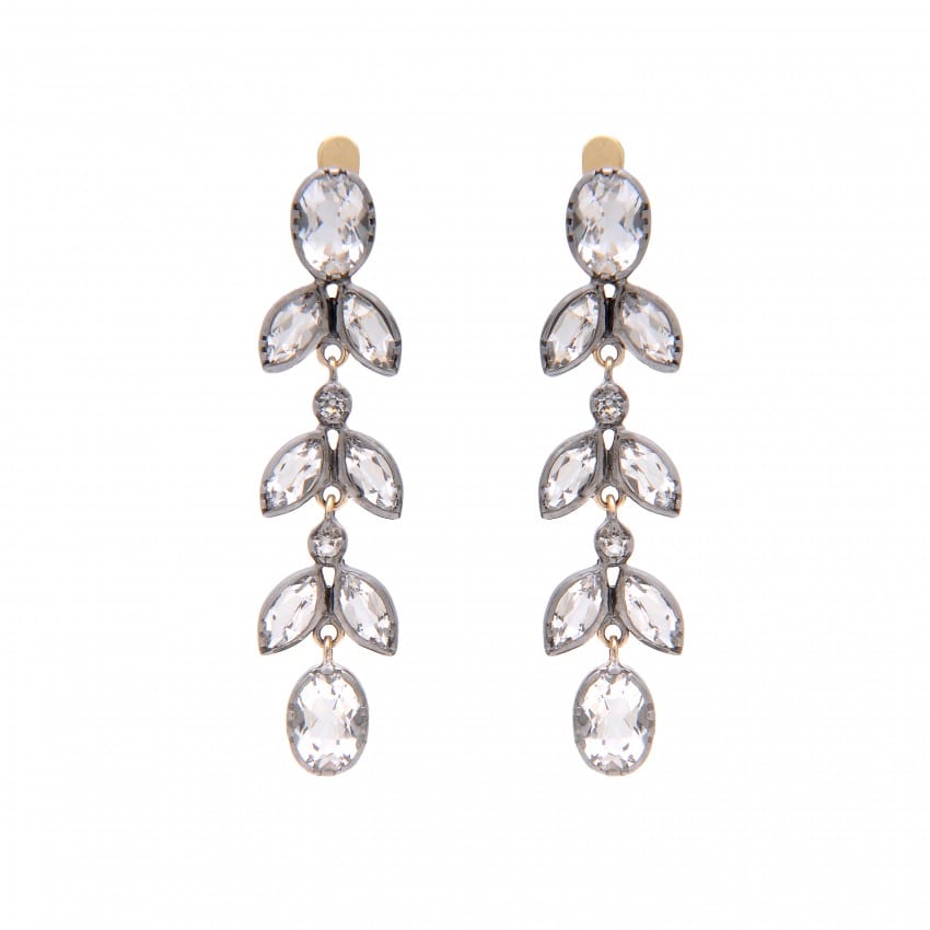 Brincos Folhas XL Cristal de Rocha em Prata e Ouro 