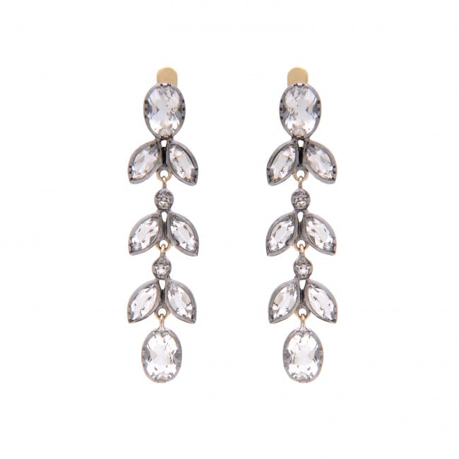 Brincos Folhas XL Cristal de Rocha em Prata e Ouro 