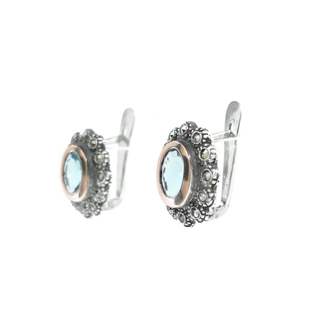 Earrings Aquamarine Marcasites in Silver and Gold