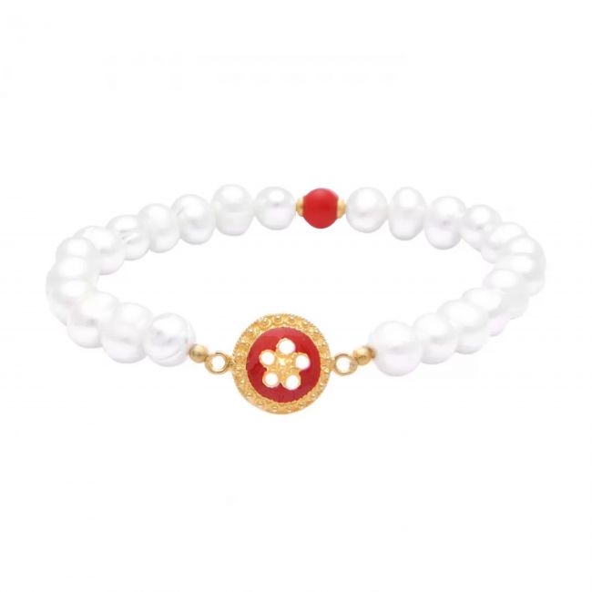 Pulseira Caramujo Vermelho em Prata Dourada 