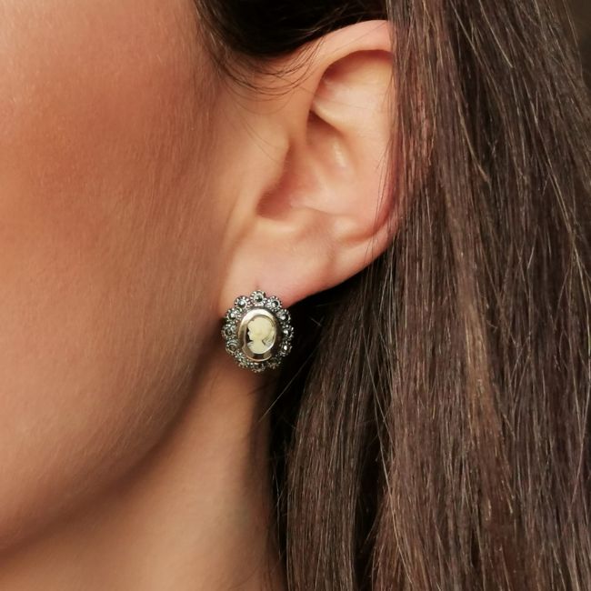 Earrings Cameo with Marcasites in Silver and Gold 