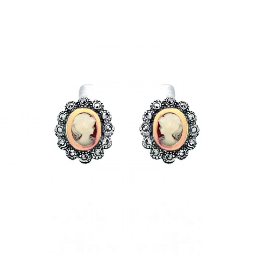 Earrings Cameo with Marcasites in Silver and Gold 