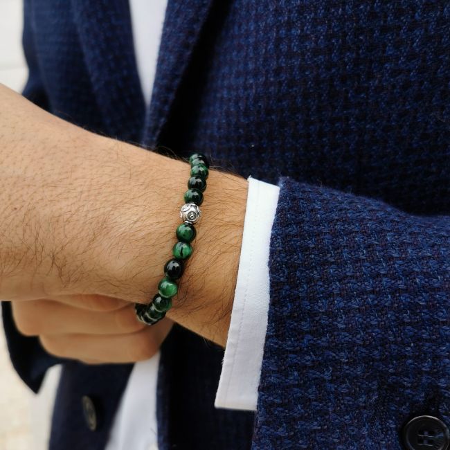 Pulseira em Prata e Olho de Tigre Verde 