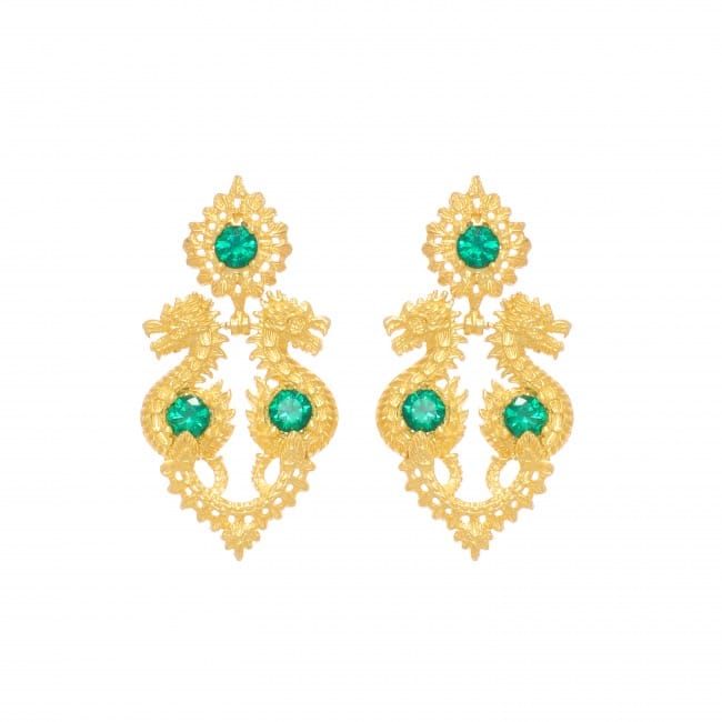 Earrings Queen Dragon Green in Gold Plated Silver 