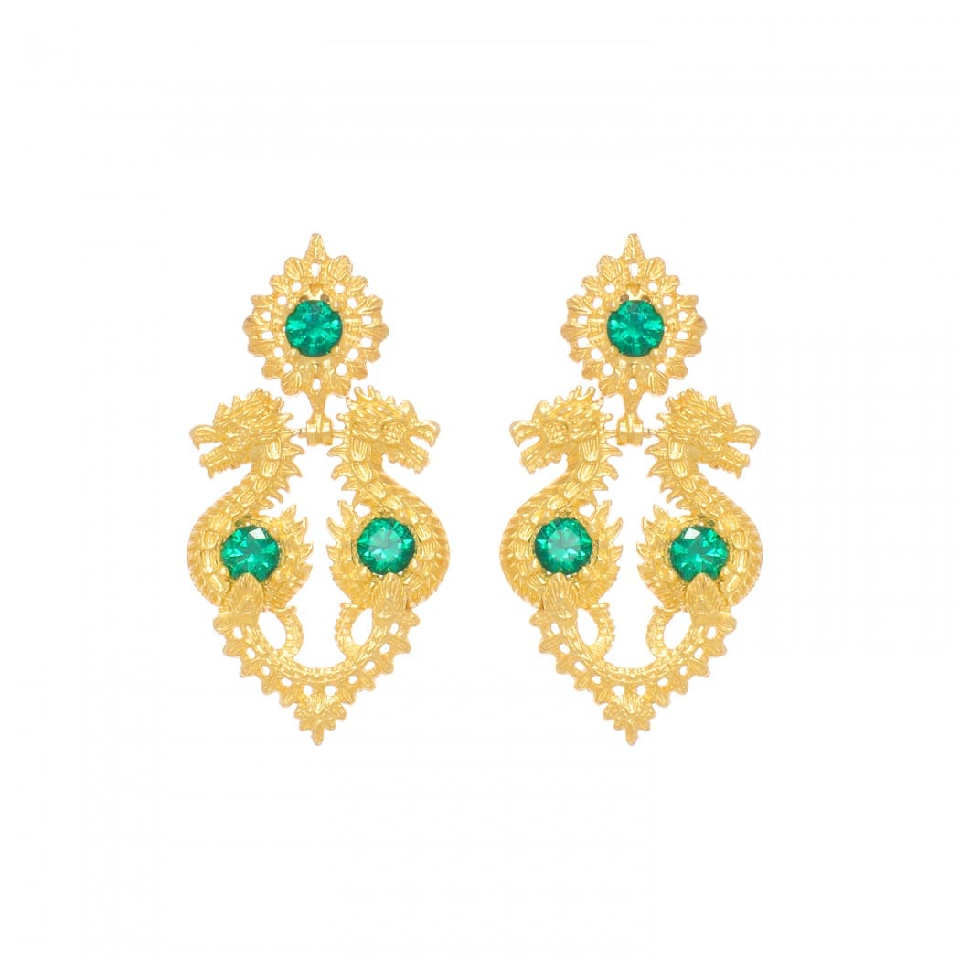 Earrings Queen Dragon Emerald in Gold Plated Silver