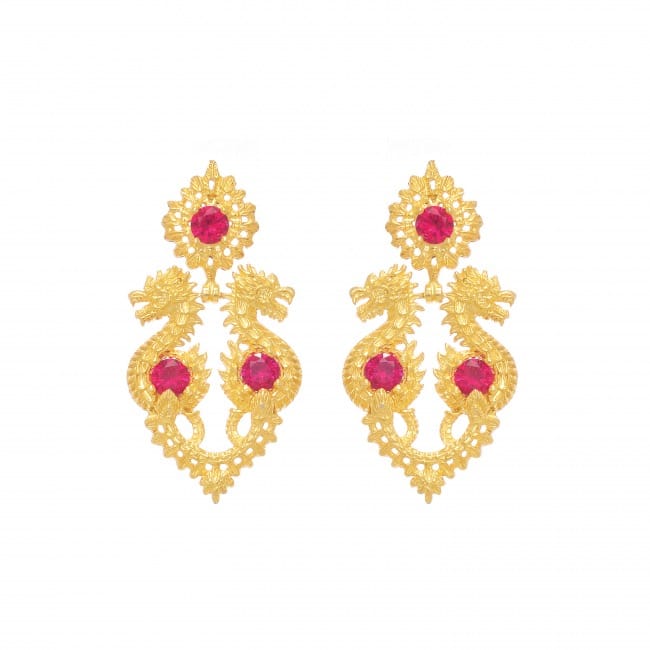 Earrings Queen Dragon Ruby in Gold Plated Silver