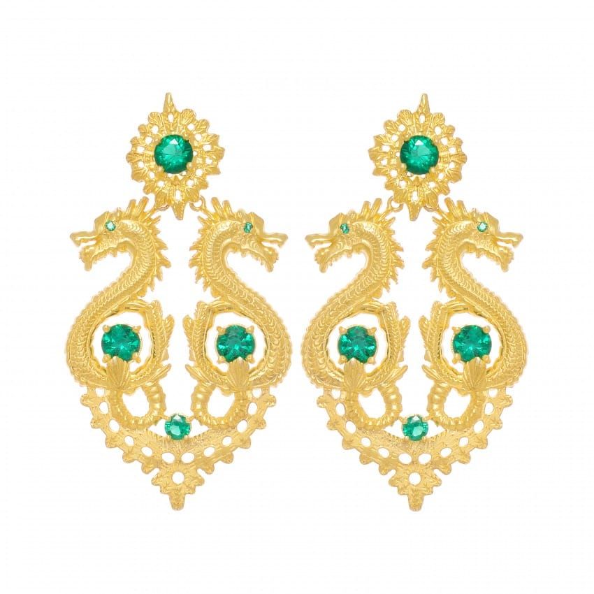 Earrings Queen Dragon XL Green in Gold Plated Silver 