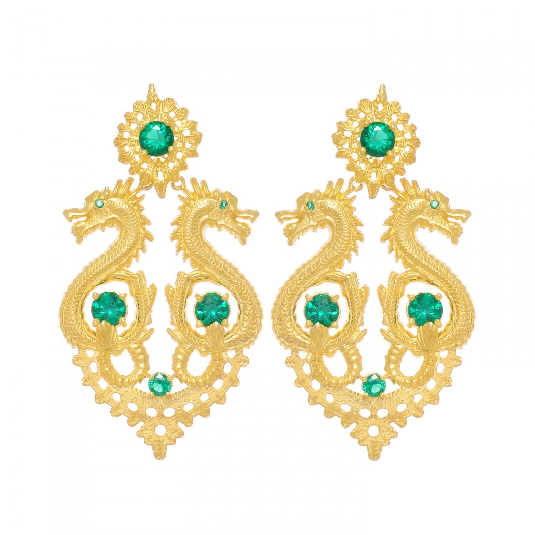 Earrings Queen Dragon XL Green in Gold Plated Silver 