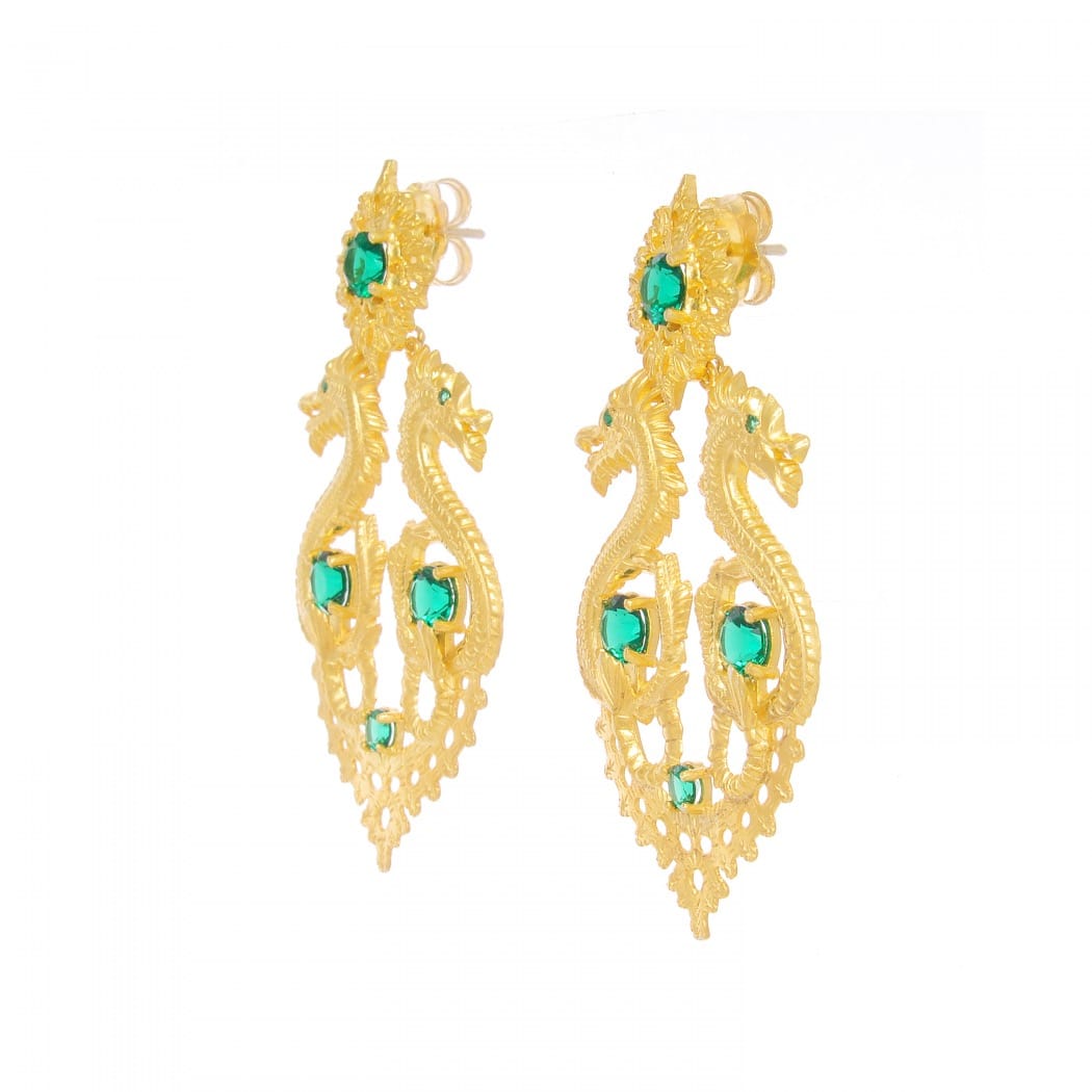 Earrings Queen Dragon XL Emerald in Gold Plated Silver