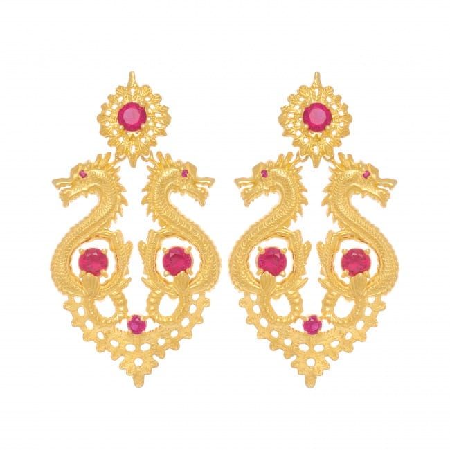 Earrings Queen Dragon XL Ruby in Gold Plated Silver