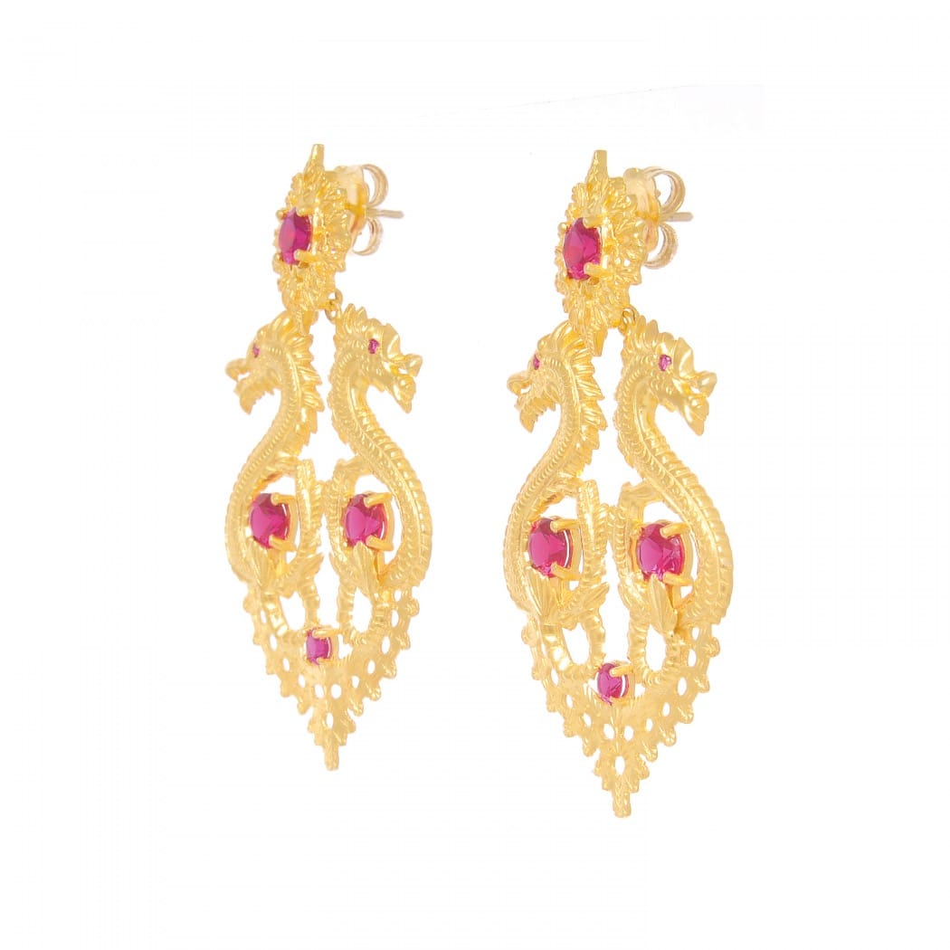 Earrings Queen Dragon XL Ruby in Gold Plated Silver