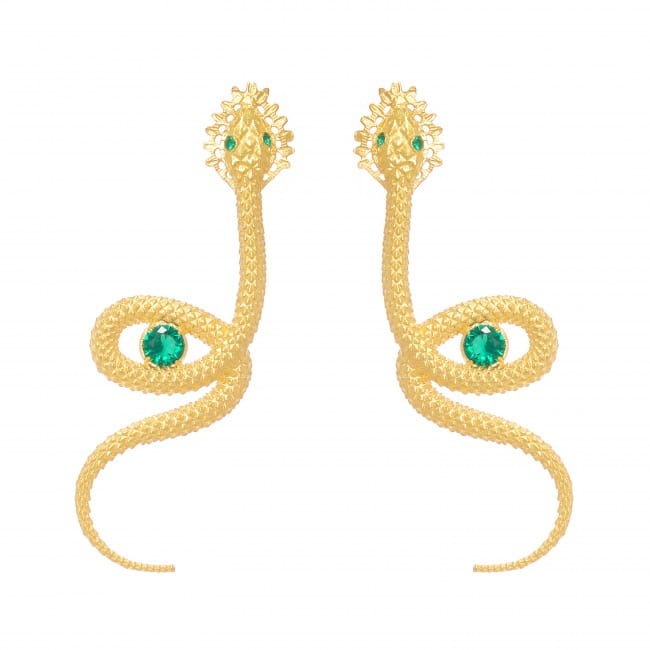 Earrings Snake Emerald in Gold Plated Silver