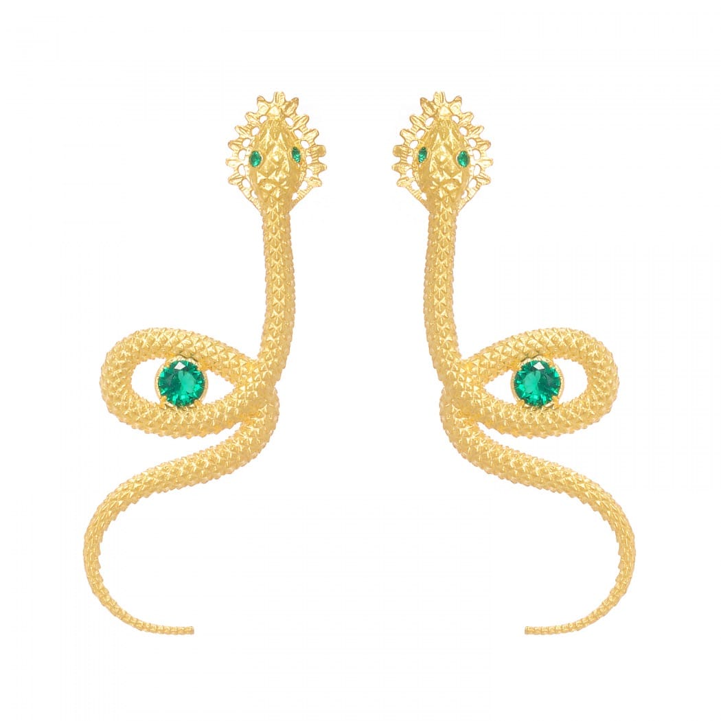 Earrings Snake Emerald in Gold Plated Silver