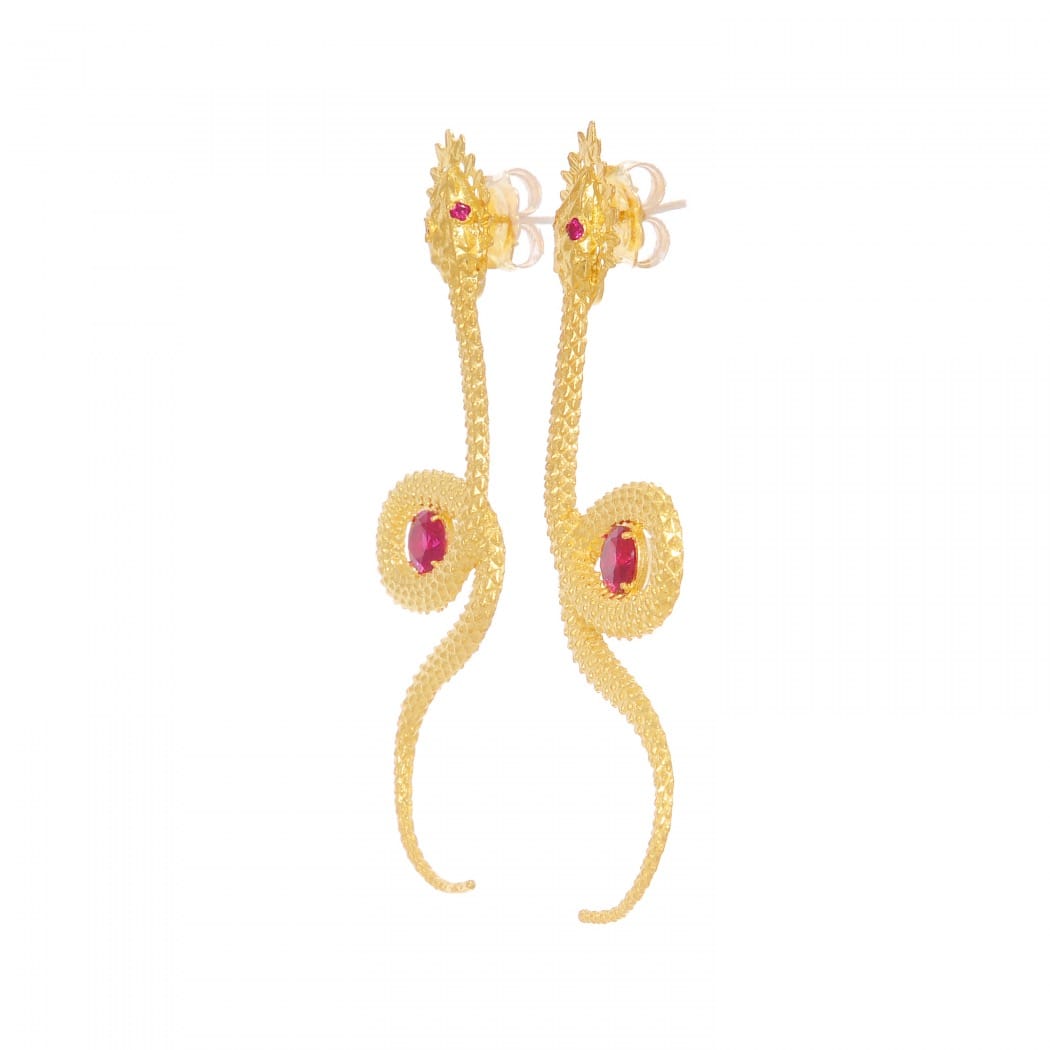Earrings Snake Ruby in Gold Plated Silver