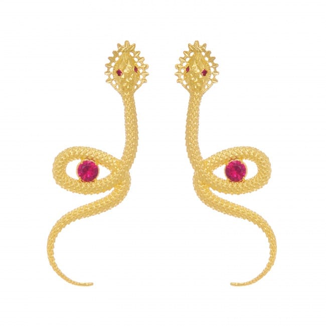 Earrings Snake Red in Gold Plated Silver
