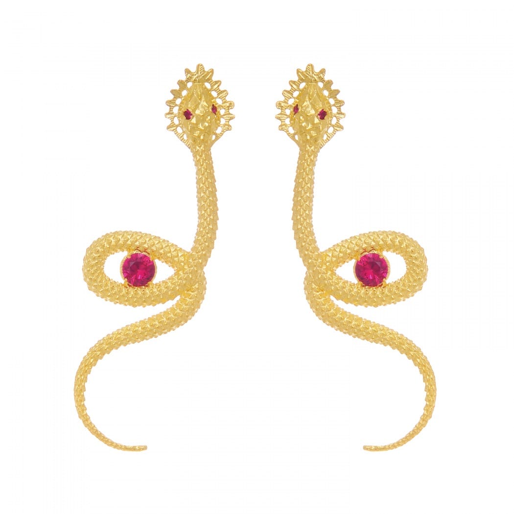 Earrings Snake Red in Gold Plated Silver 