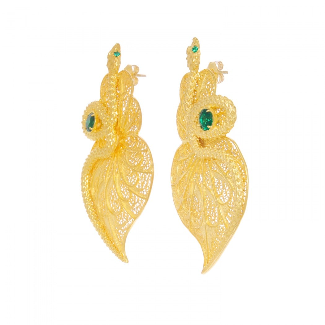 Earrings Heart Snake Emerald in Gold Plated Silver