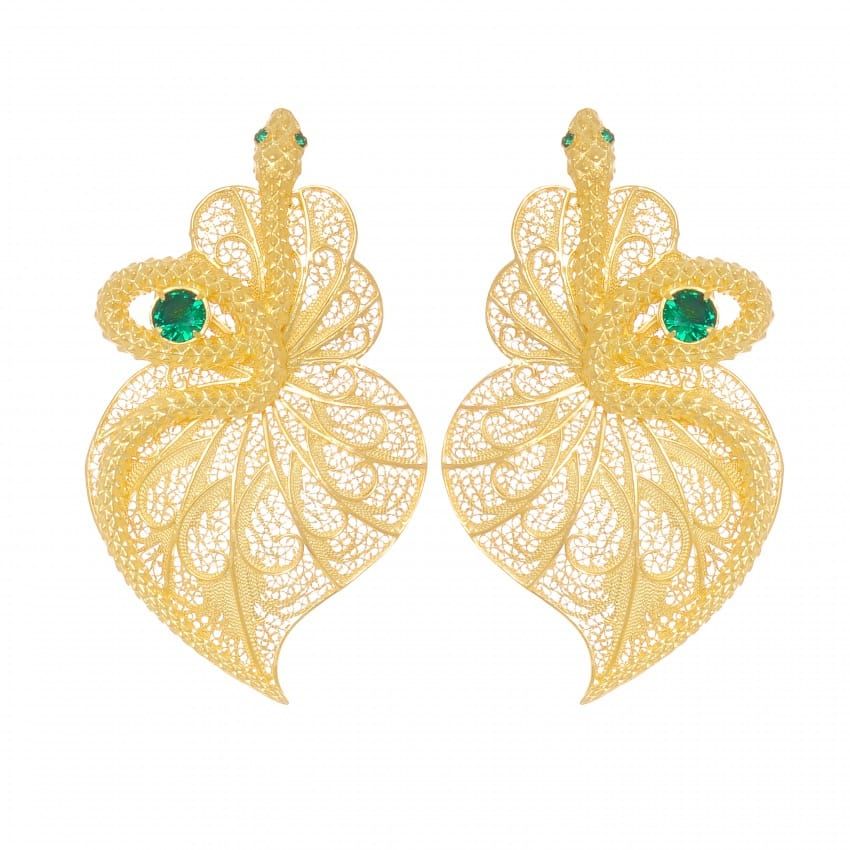 Earrings Heart Snake Green in Gold Plated Silver 