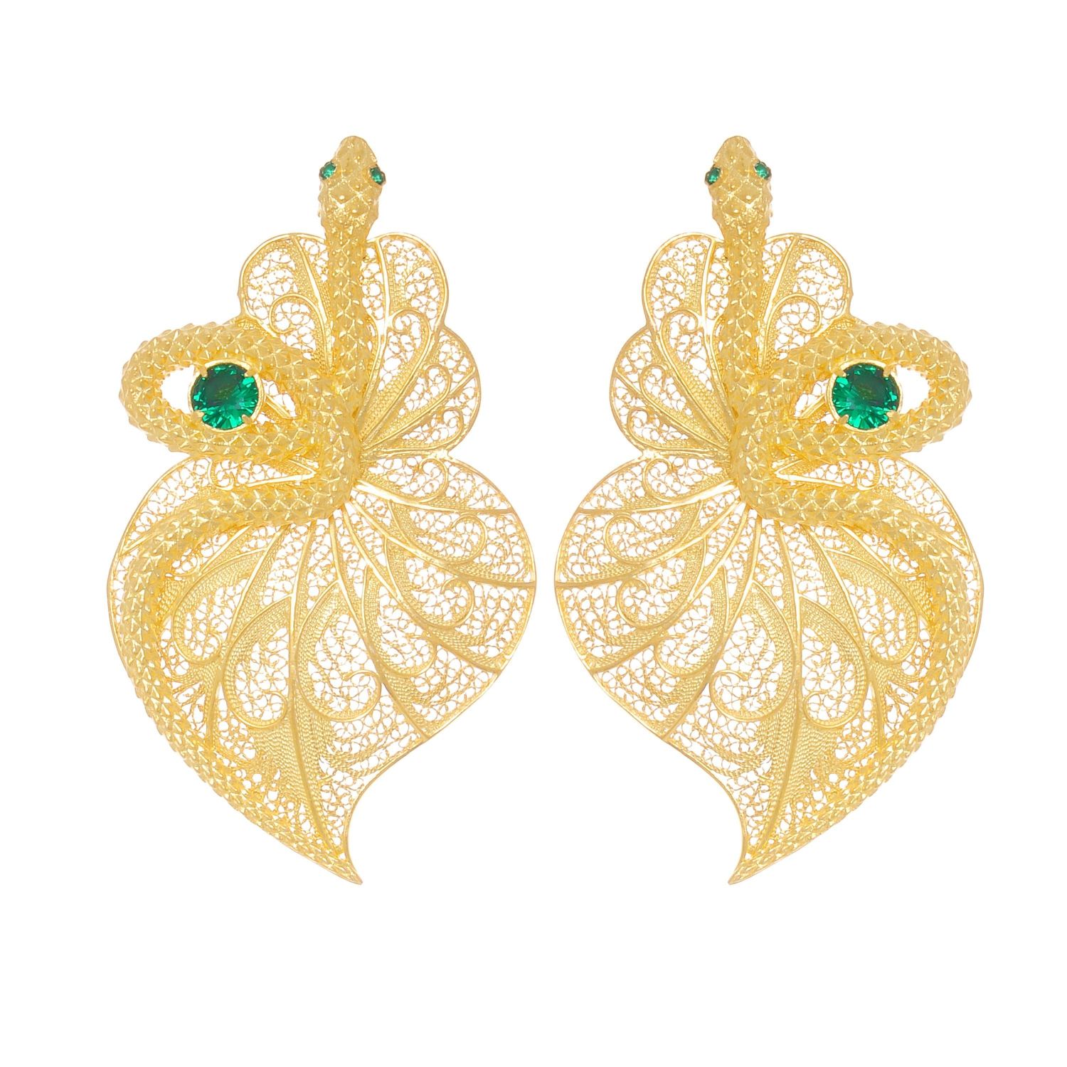 Earrings Heart Snake Emerald in Gold Plated Silver Earrings Heart Snake Emerald in Gold Plated Silver