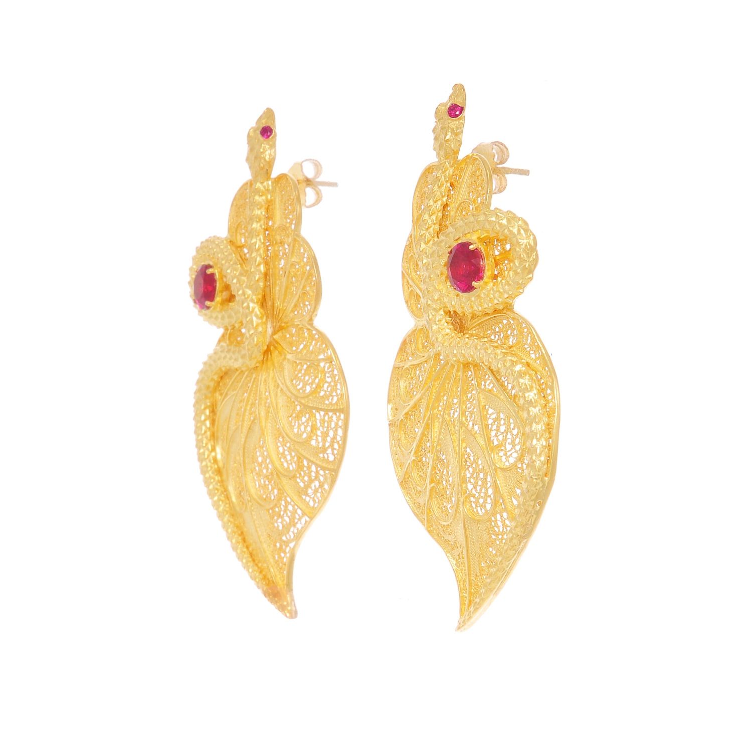 Earrings Heart Snake Ruby in Gold Plated Silver Earrings Heart Snake Ruby in Gold Plated Silver