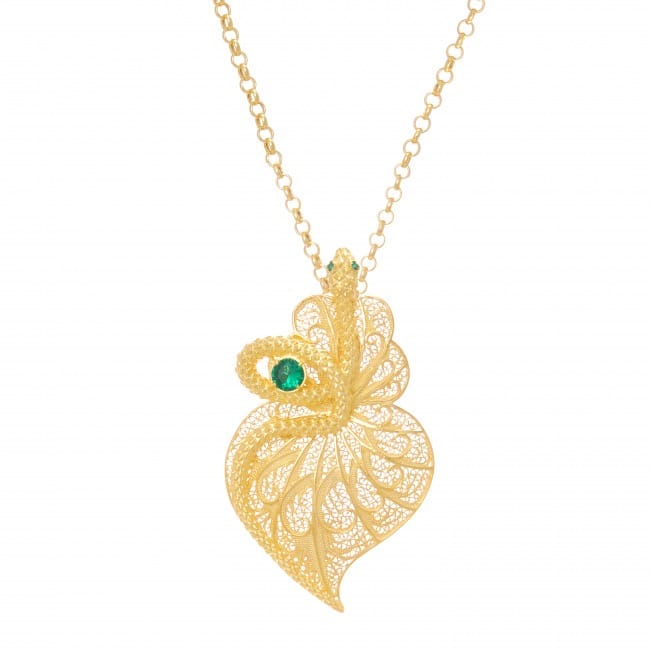 Necklace Heart Snake Emerald in Gold Plated Silver