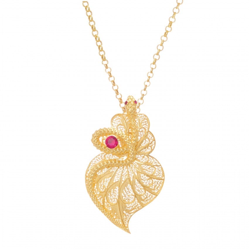 Necklace Heart Snake Ruby in Gold Plated Silver