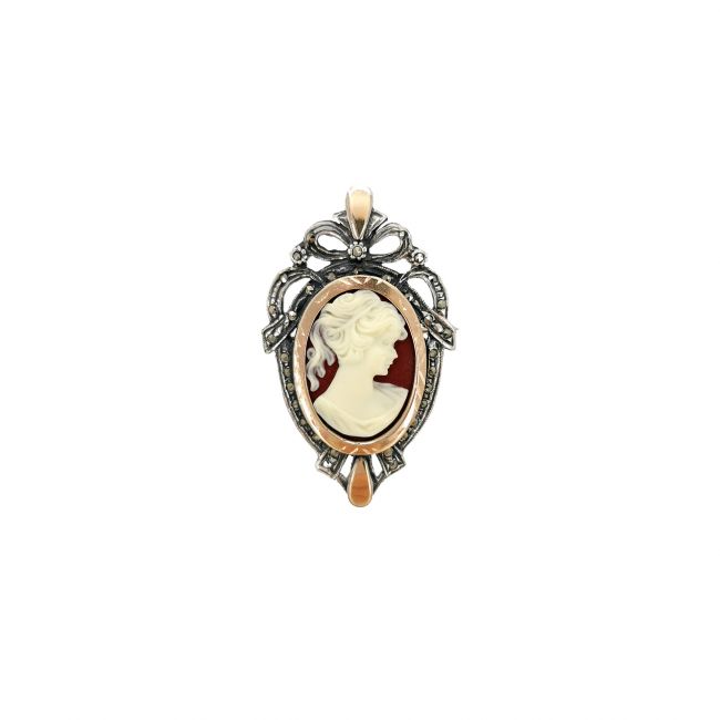 Brooch Cameo with Marcasites in Silver and Gold 
