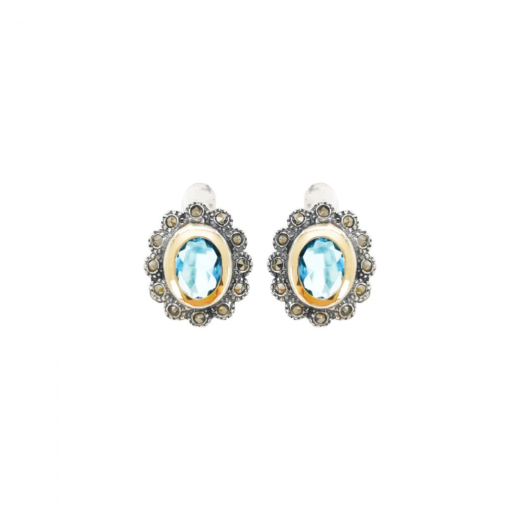Earrings Blue Marcasites in Silver and Gold 