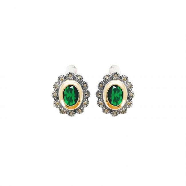 Earrings Emerald Marcasites in Silver and Gold