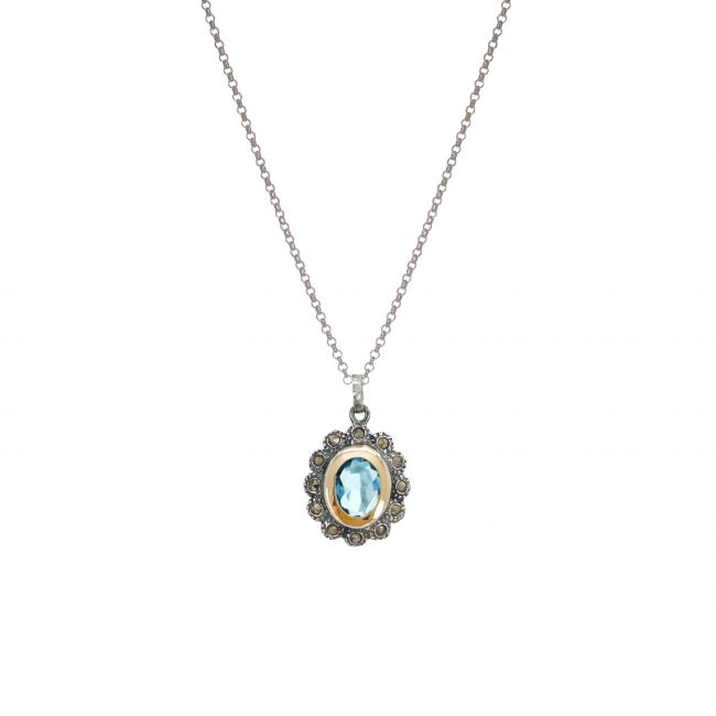 Necklace Aquamarine Marcasites in Silver and Gold