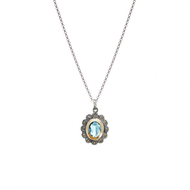 Necklace Blue Marcasites in Silver and Gold