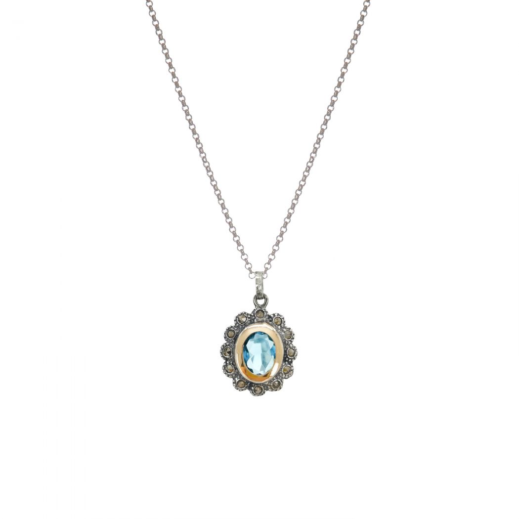 Necklace Blue Marcasites in Silver and Gold 