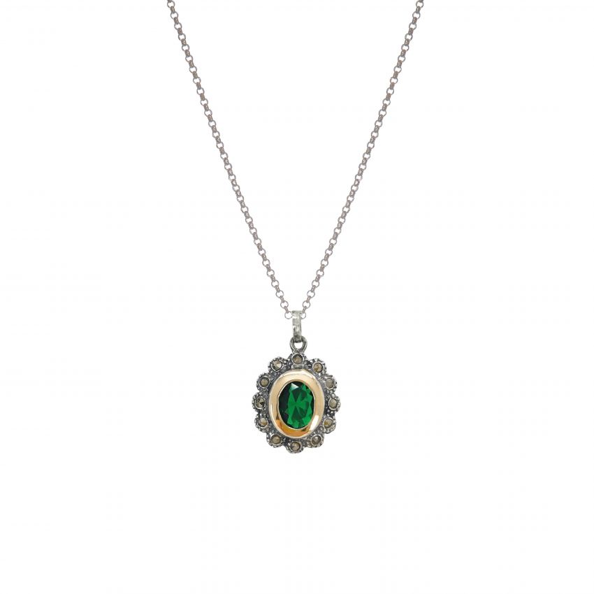 Necklace Emerald Marcasites in Silver and Gold